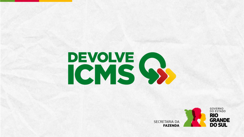 Arte gr&aacute;fica contendo o logotipo do programa Devolve ICMS e o logotipo de governo da gest&atilde;o Eduardo Leite (2023-2026)